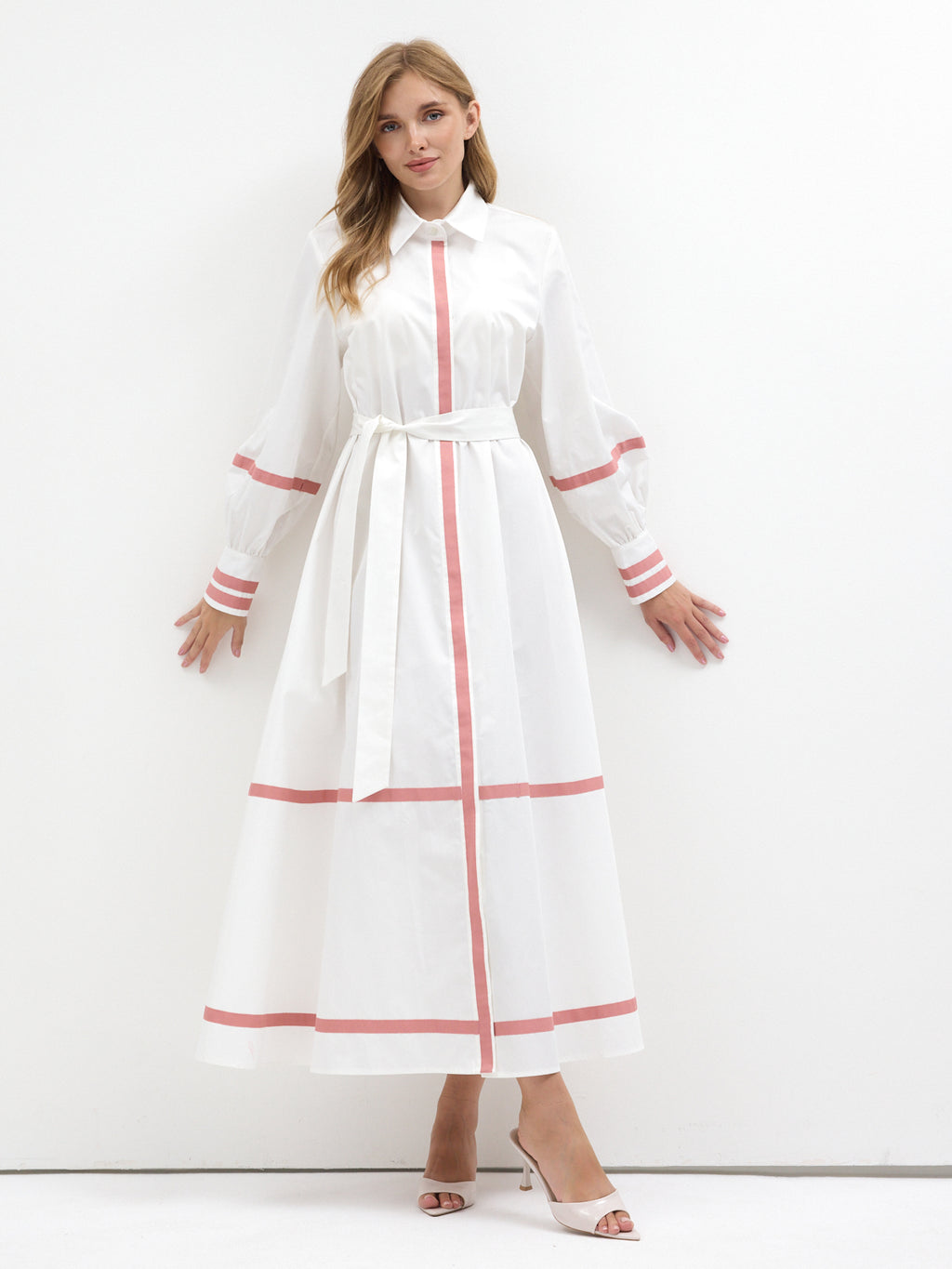 White Cotton Maxi Dress with Pink Grosgrain Trim