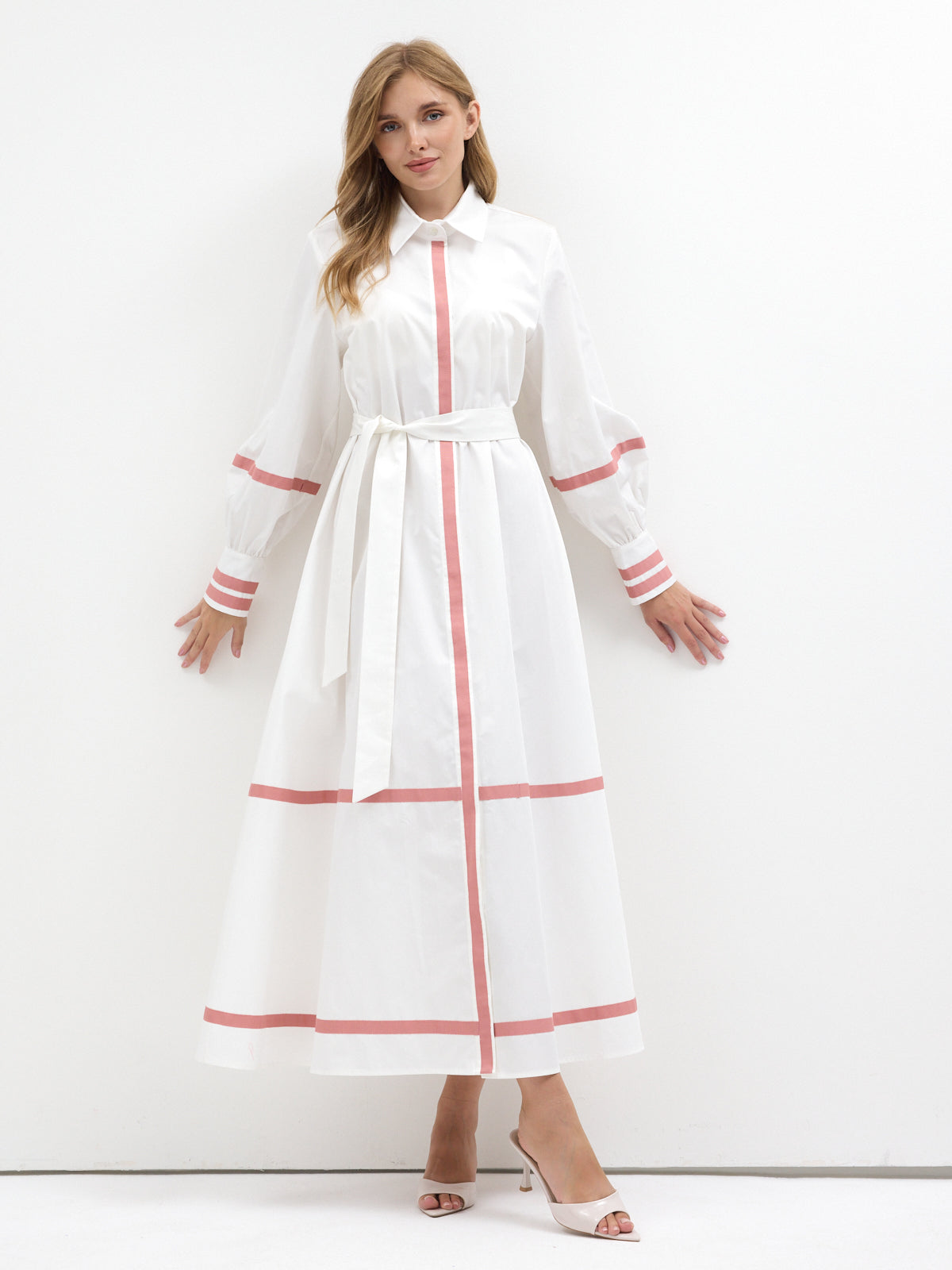 White Cotton Maxi Dress with Pink Grosgrain Trim