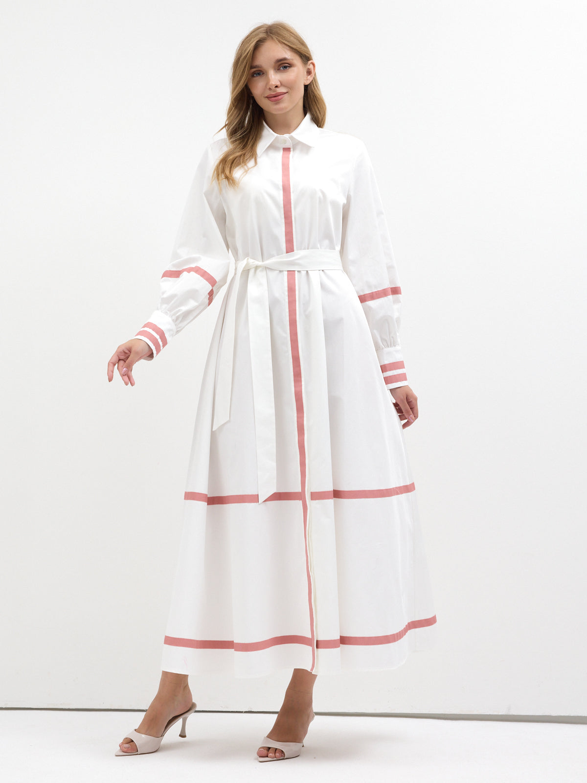 White Cotton Maxi Dress with Pink Grosgrain Trim