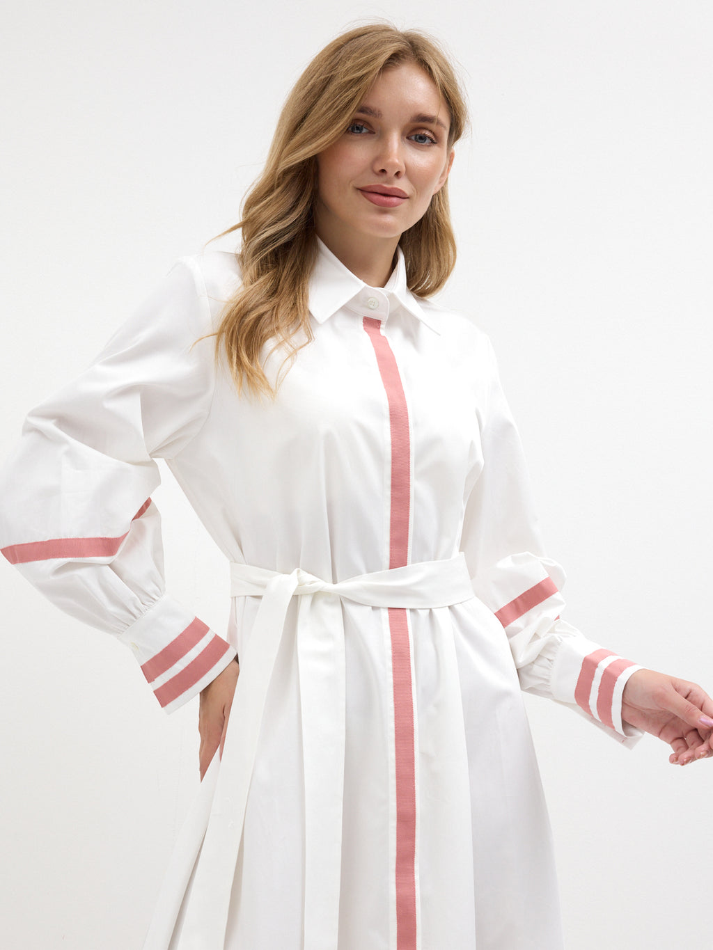 White Cotton Maxi Dress with Pink Grosgrain Trim