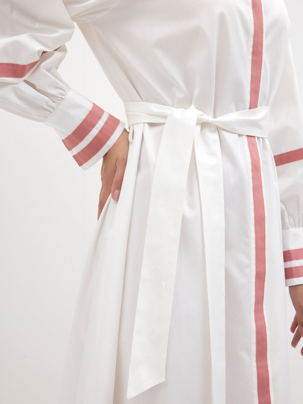 White Cotton Maxi Dress with Pink Grosgrain Trim