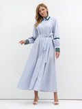 Blue Cotton Maxi Dress with Green Grosgrain Trim
