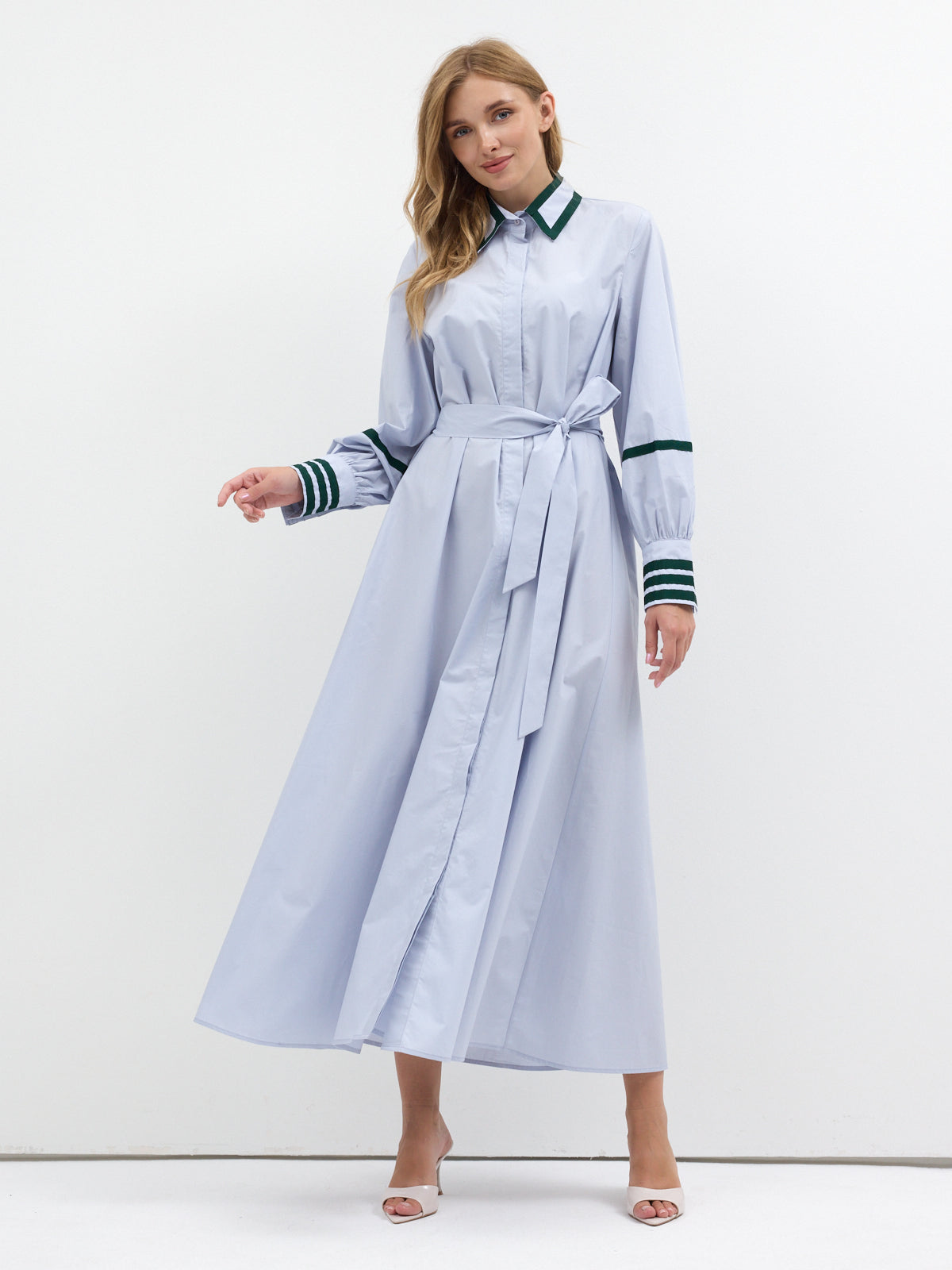 Blue Cotton Maxi Dress with Green Grosgrain Trim