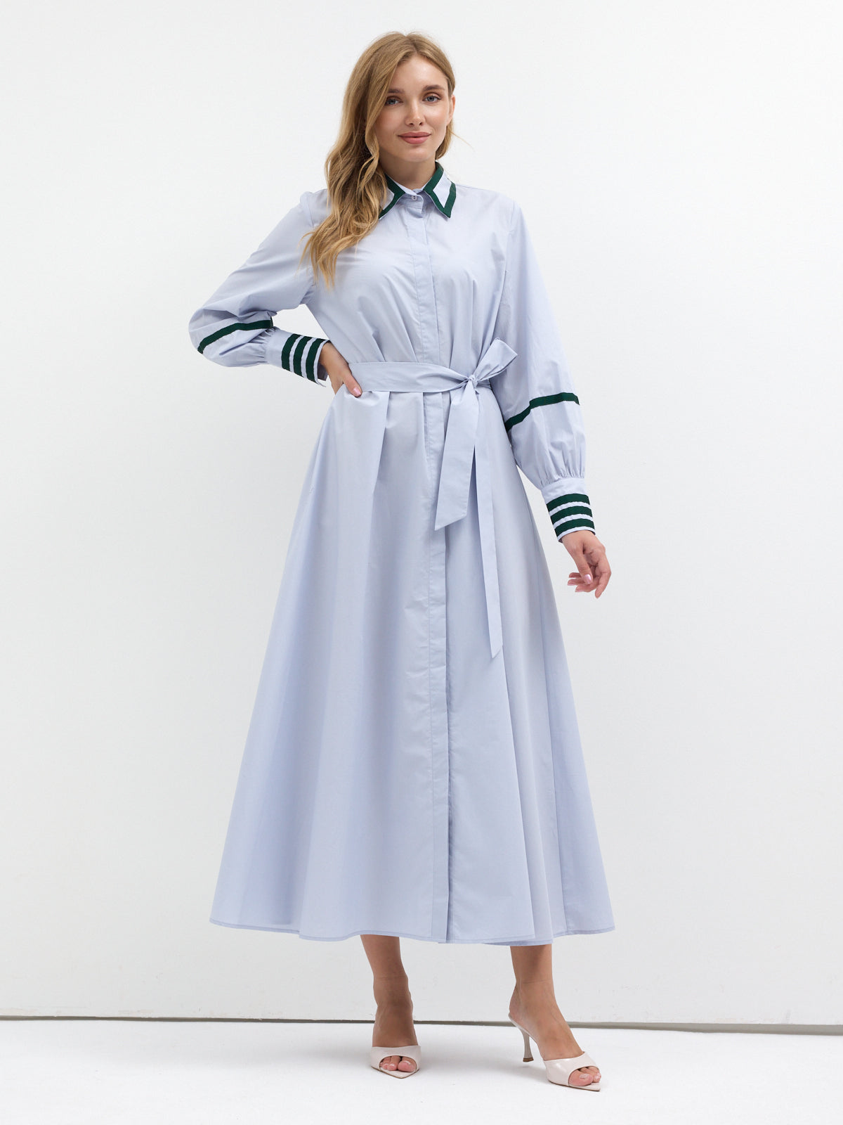 Blue Cotton Maxi Dress with Green Grosgrain Trim