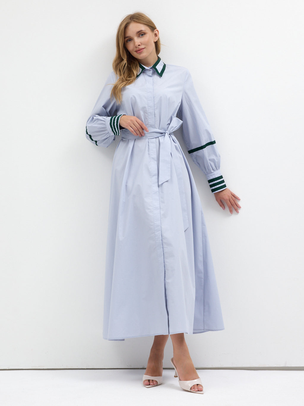 Blue Cotton Maxi Dress with Green Grosgrain Trim