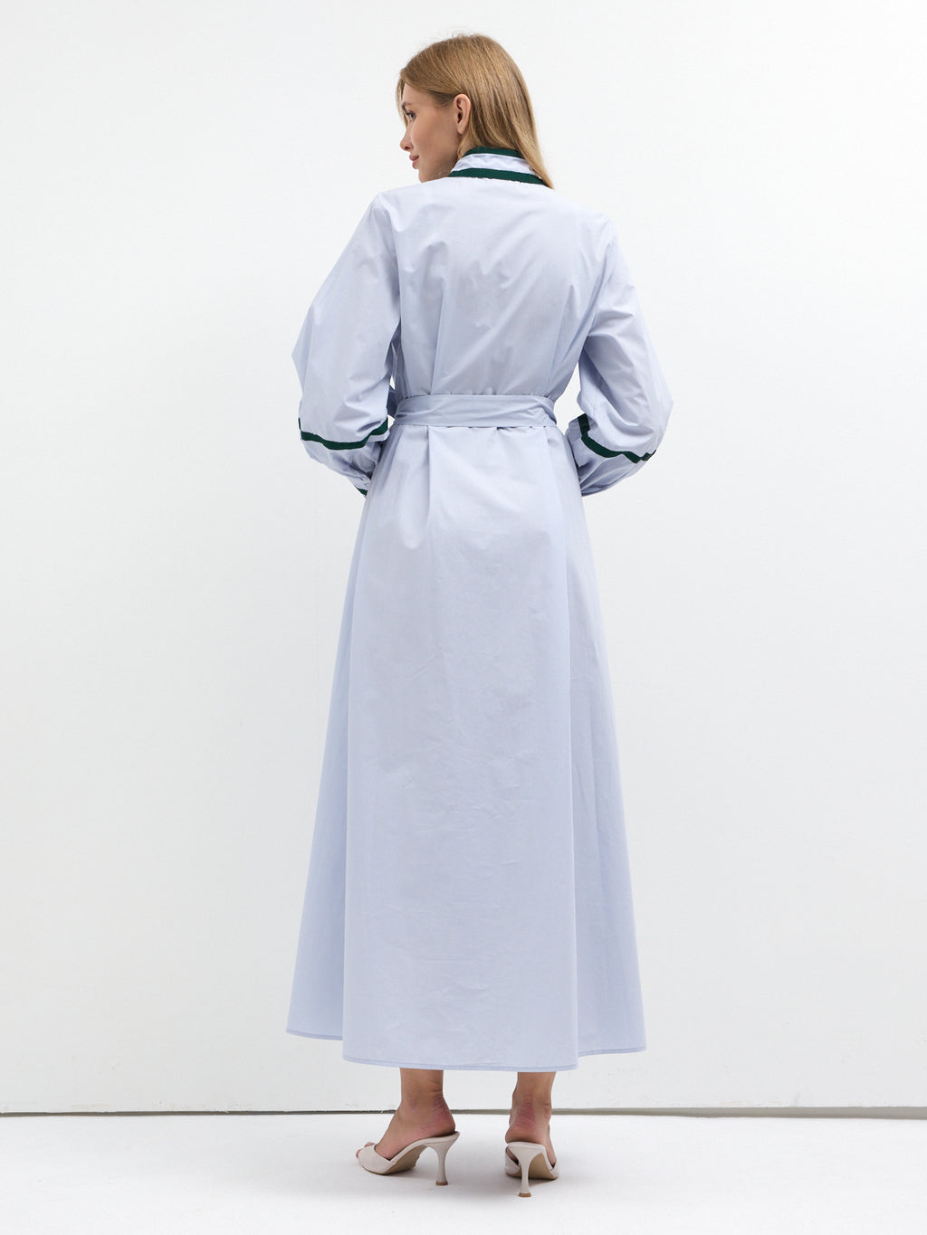 Blue Cotton Maxi Dress with Green Grosgrain Trim