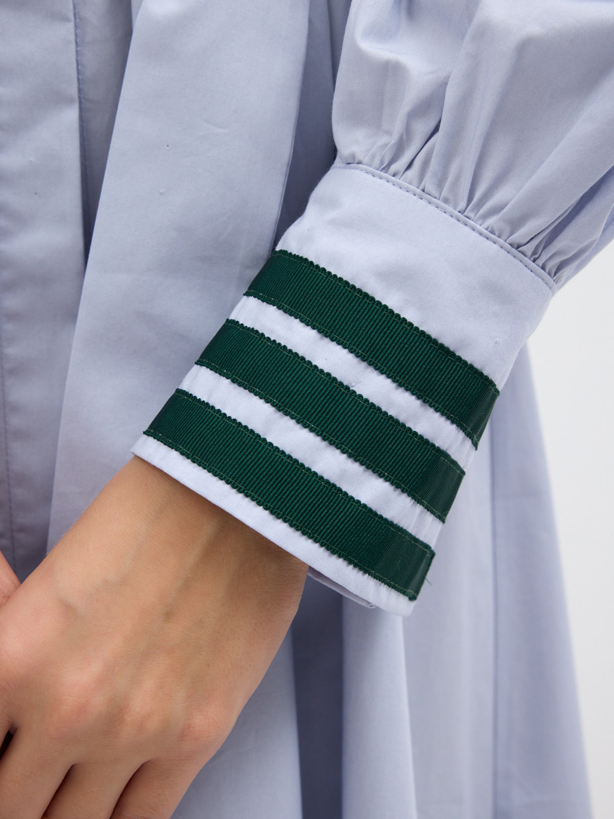 Blue Cotton Maxi Dress with Green Grosgrain Trim
