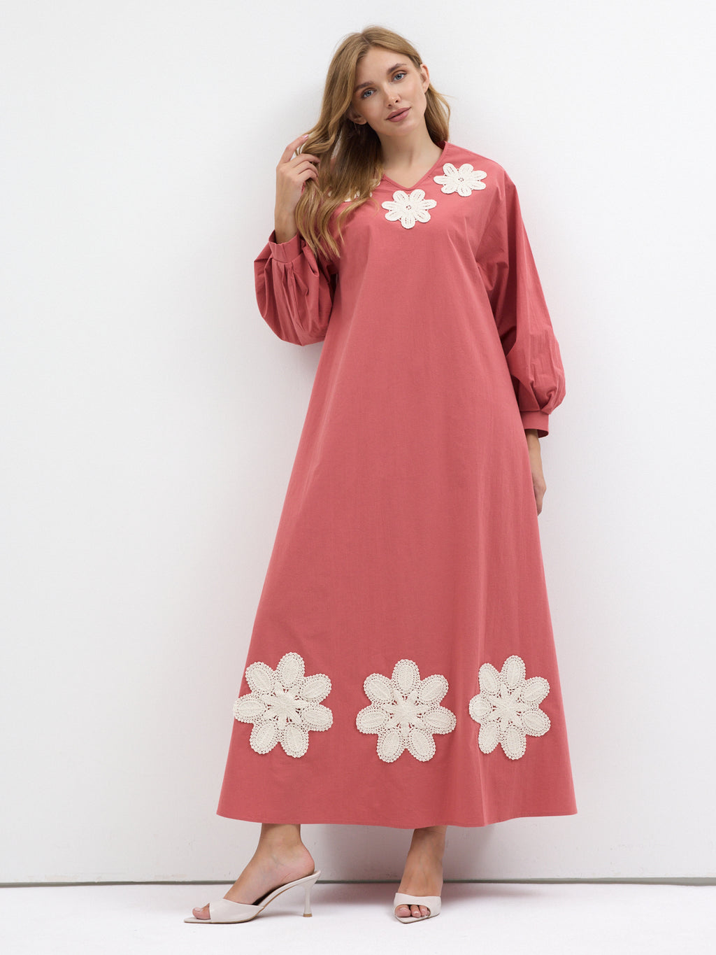 100% Cotton Poplin Belted Dress with Embroidery Detailed