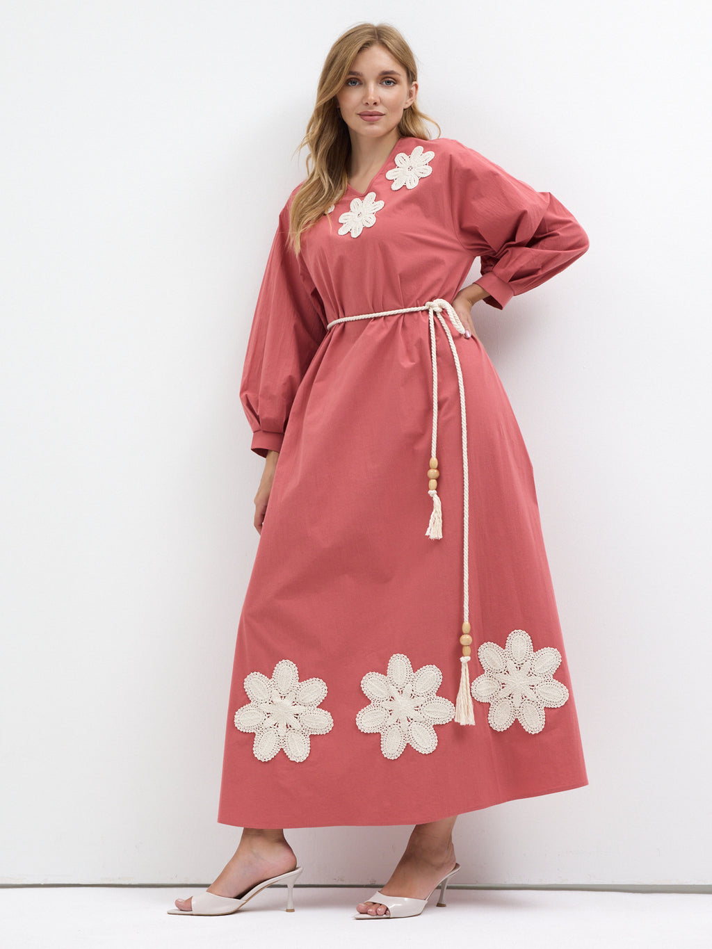 100% Cotton Poplin Belted Dress with Embroidery Detailed
