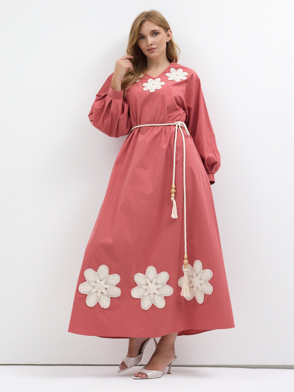 100% Cotton Poplin Belted Dress with Embroidery Detailed