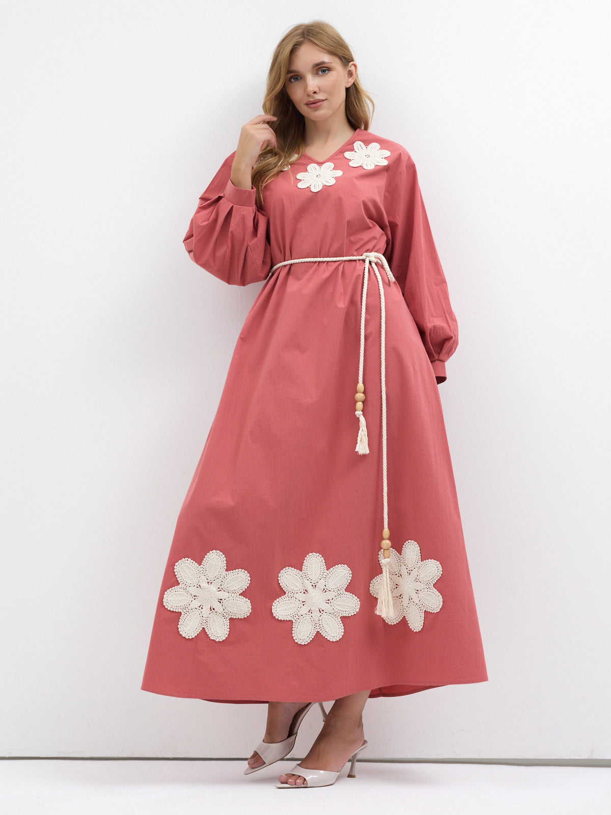 100% Cotton Poplin Belted Dress with Embroidery Detailed