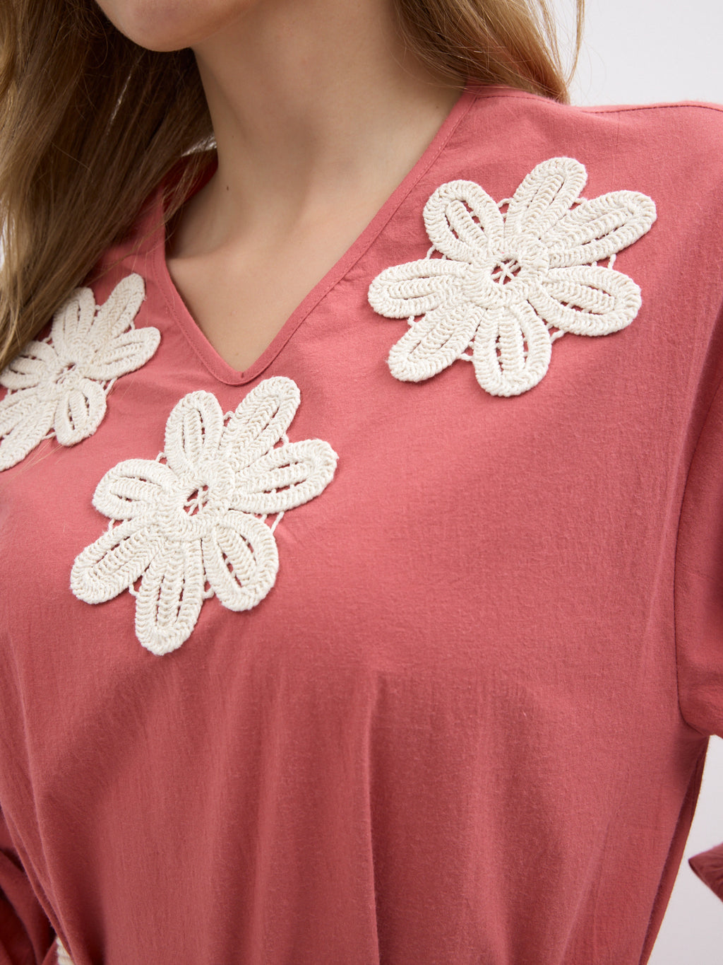 100% Cotton Poplin Belted Dress with Embroidery Detailed