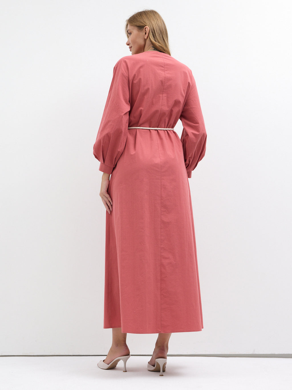 100% Cotton Poplin Belted Dress with Embroidery Detailed
