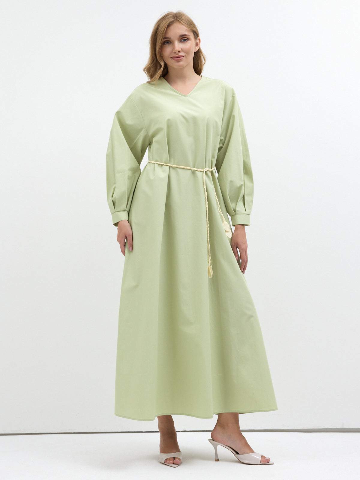 Detachable Printed Collar Belted Maxi Dress