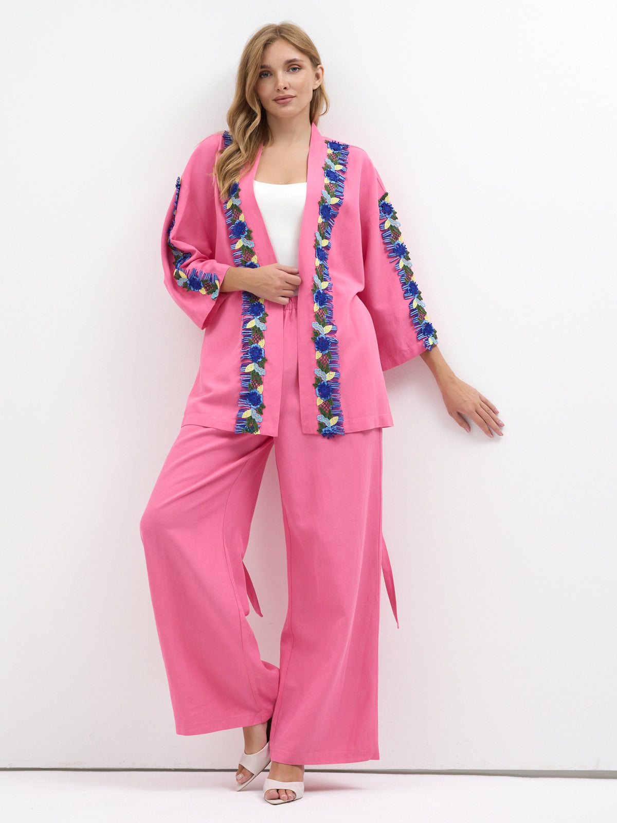 Luna Lace Trim Kimono & Trouser Set Pink