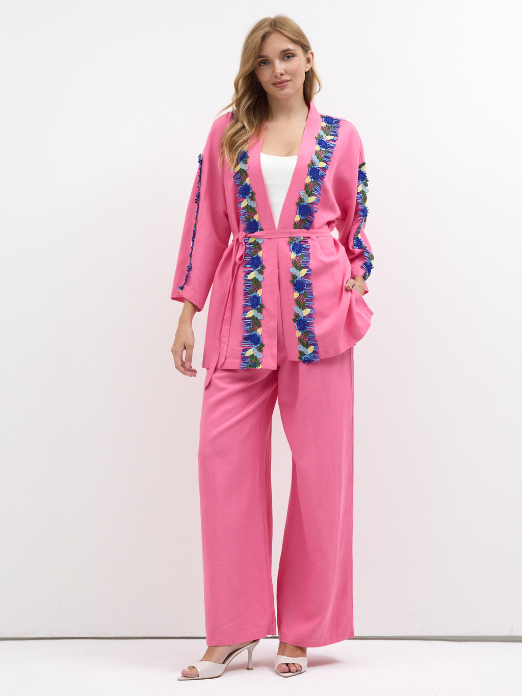 Luna Lace Trim Kimono & Trouser Set Pink