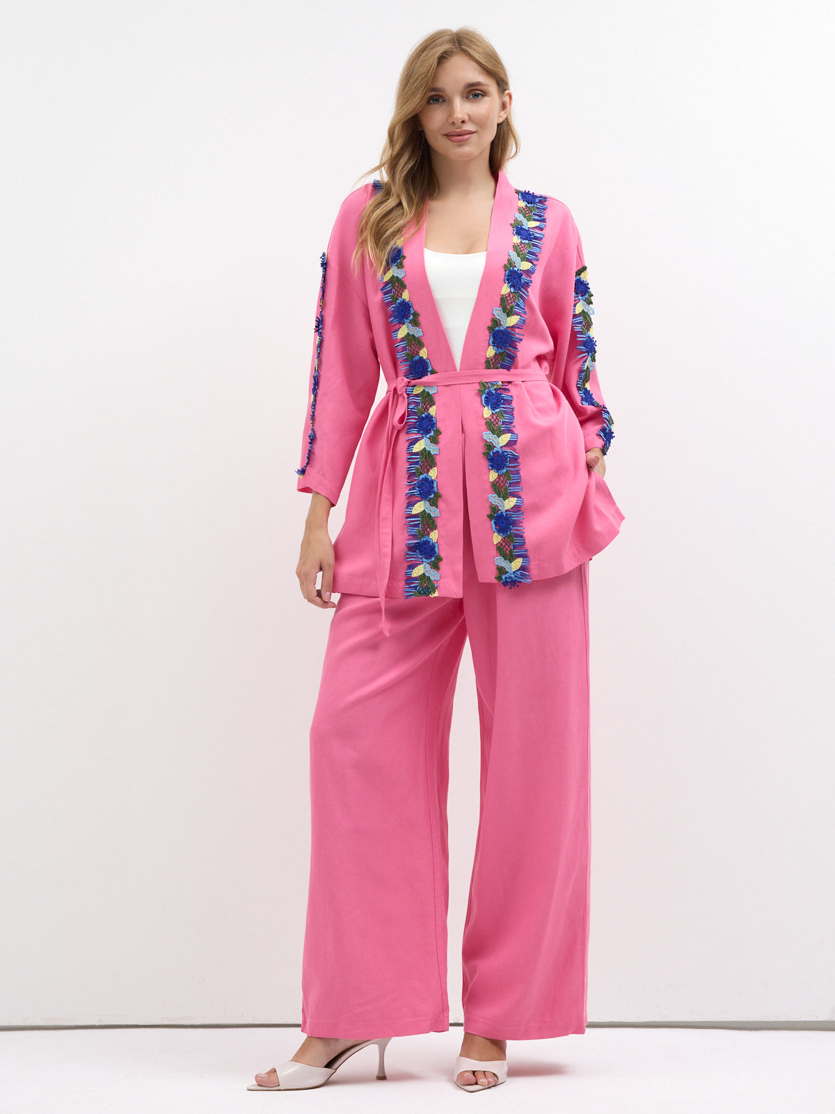 Luna Lace Trim Kimono & Trouser Set Pink