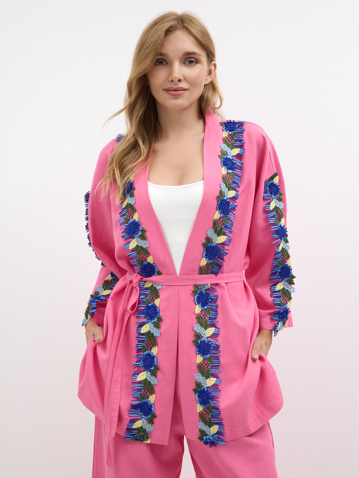 Luna Lace Trim Kimono & Trouser Set Pink
