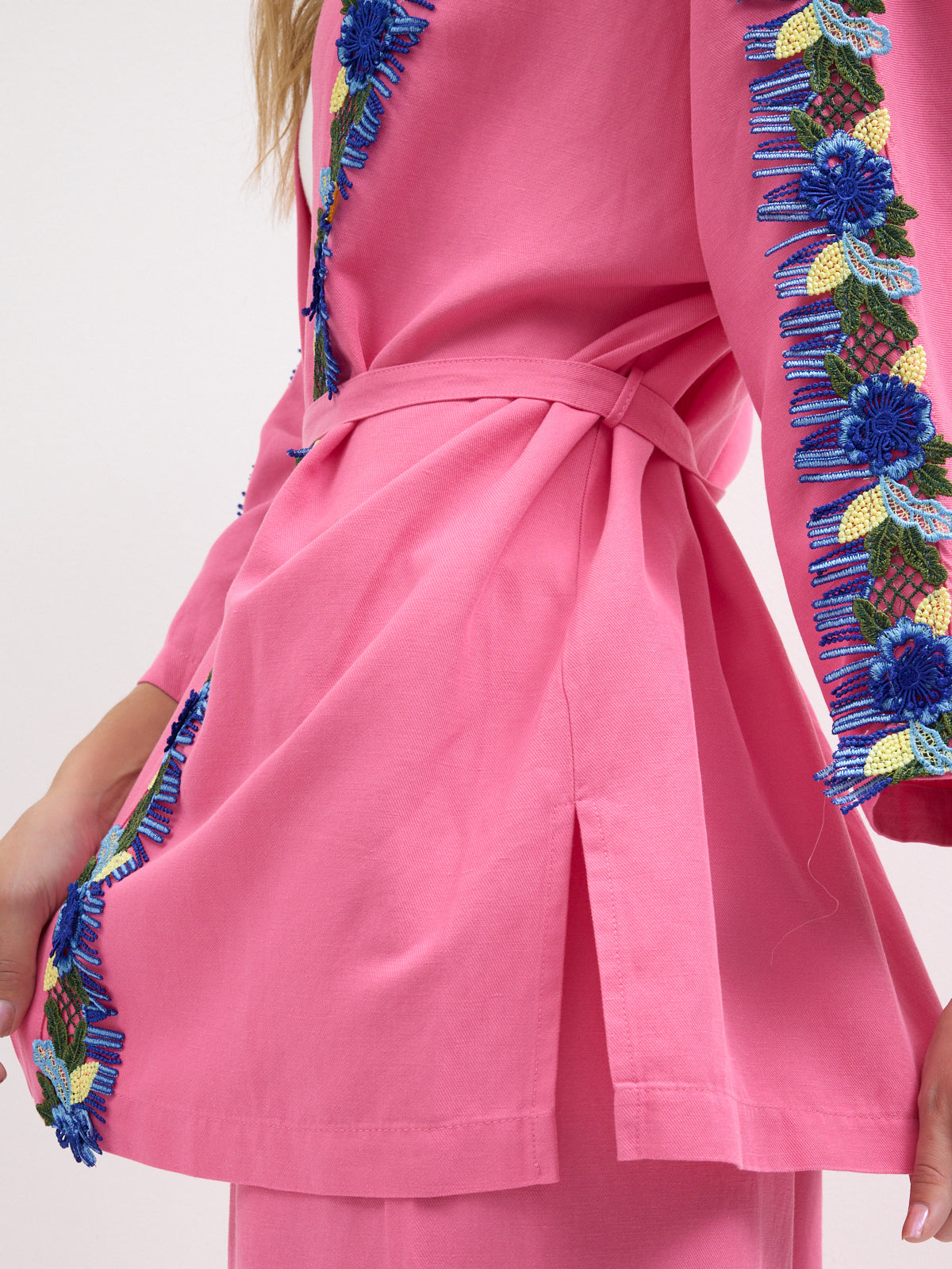 Luna Lace Trim Kimono & Trouser Set Pink
