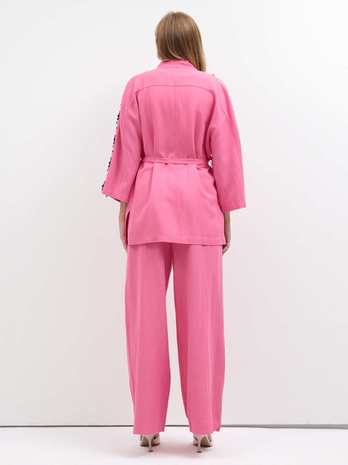 Luna Lace Trim Kimono & Trouser Set Pink