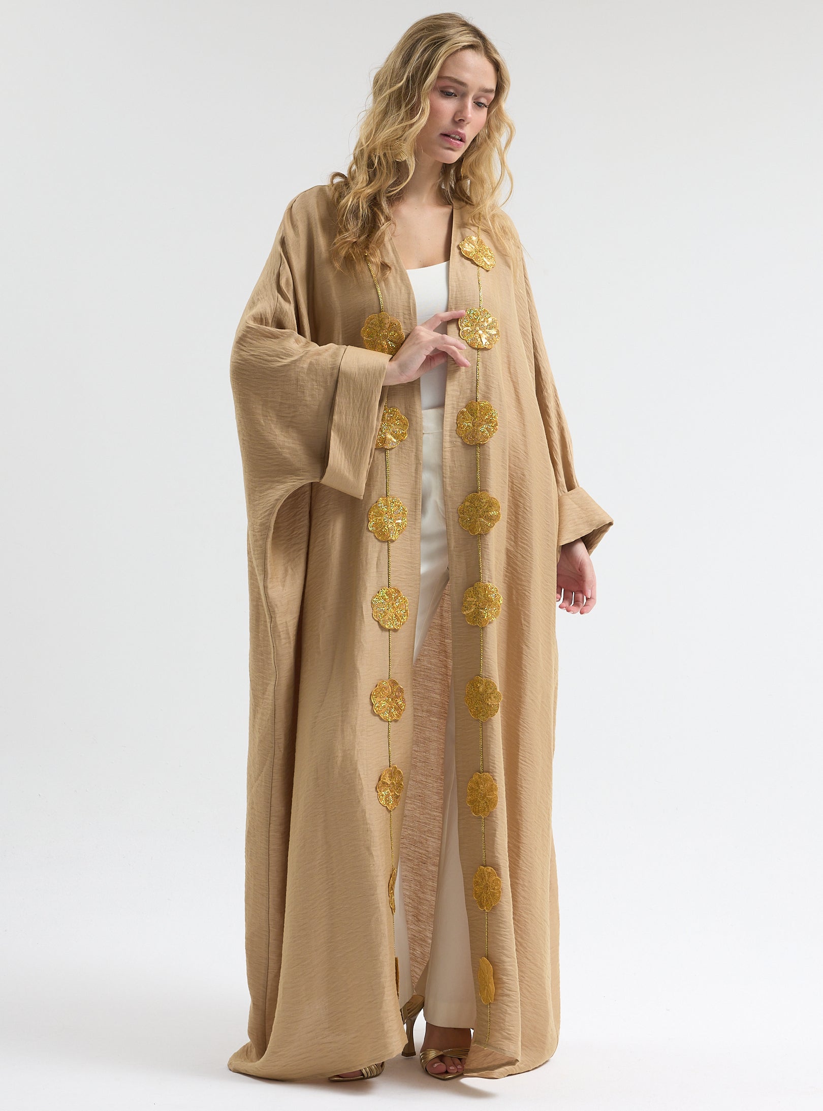 Linen Gold Flower Detailed Abaya - Store WF