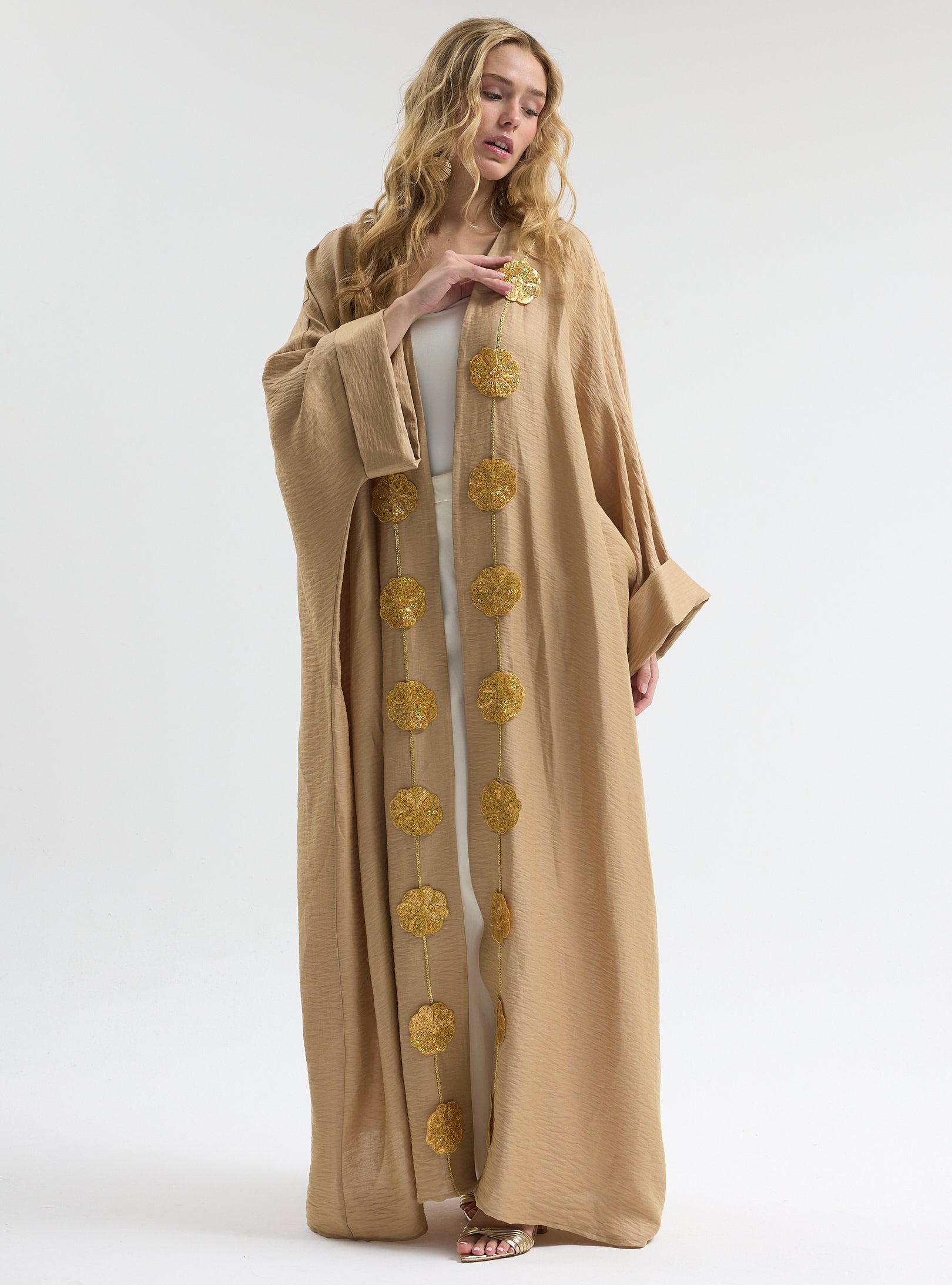Linen Gold Flower Detailed Abaya