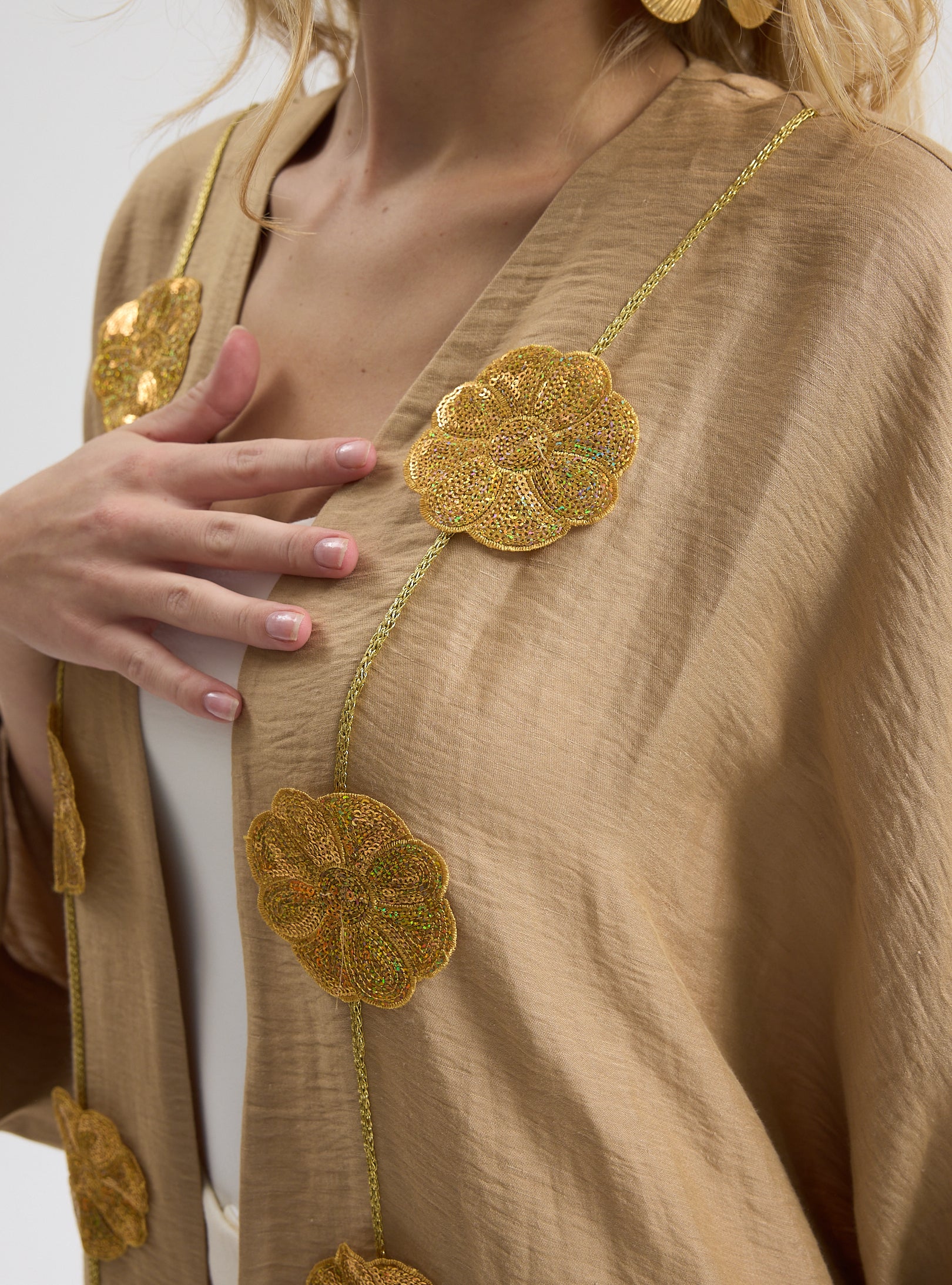 Linen Gold Flower Detailed Abaya - Store WF