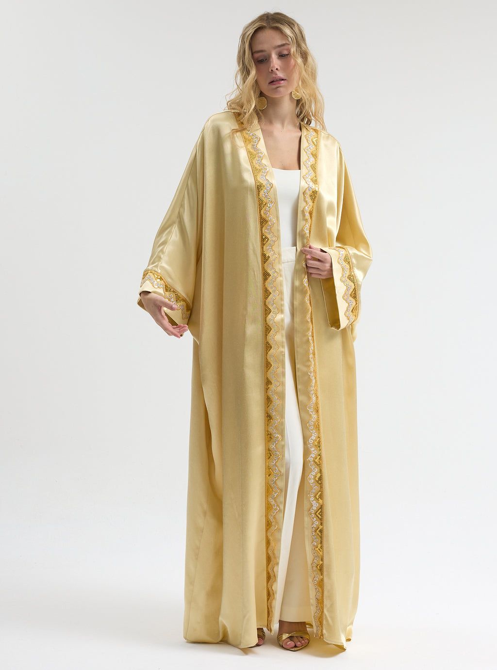 Beige satin Gold Sequin Detailed Abaya - Store WF
