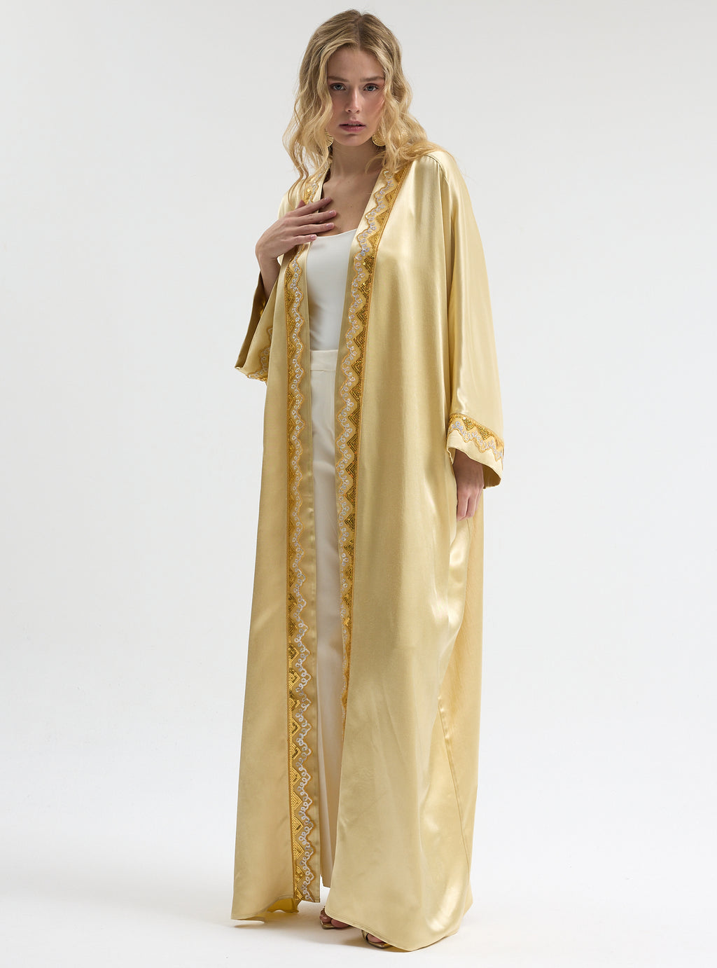 Beige satin Gold Sequin Detailed Abaya - Store WF