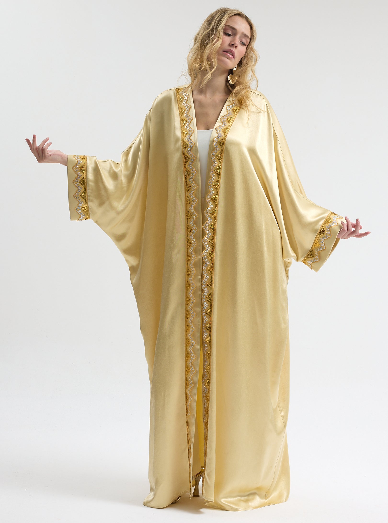 Beige satin Gold Sequin Detailed Abaya - Store WF