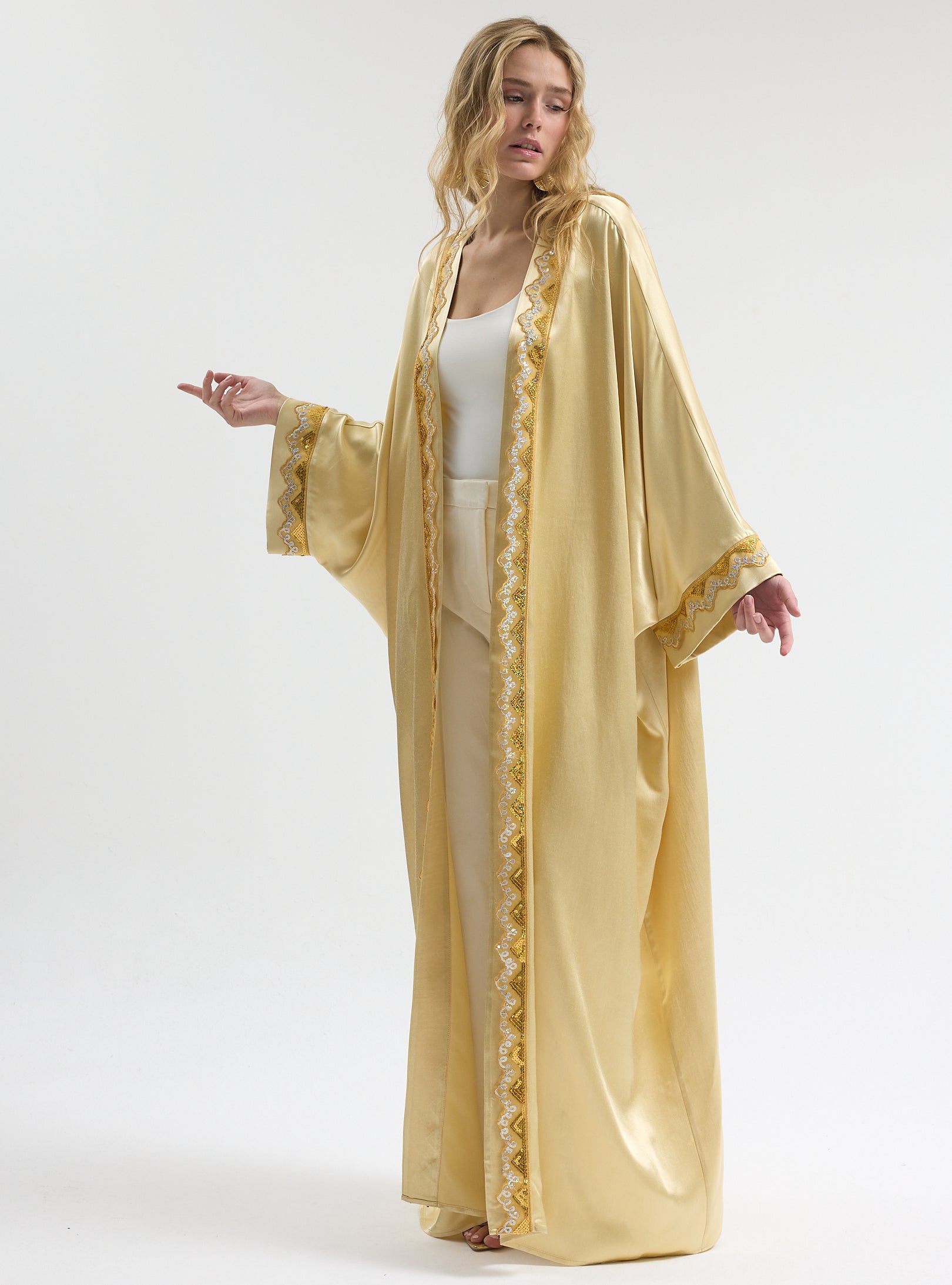 Beige satin Gold Sequin Detailed Abaya - Store WF