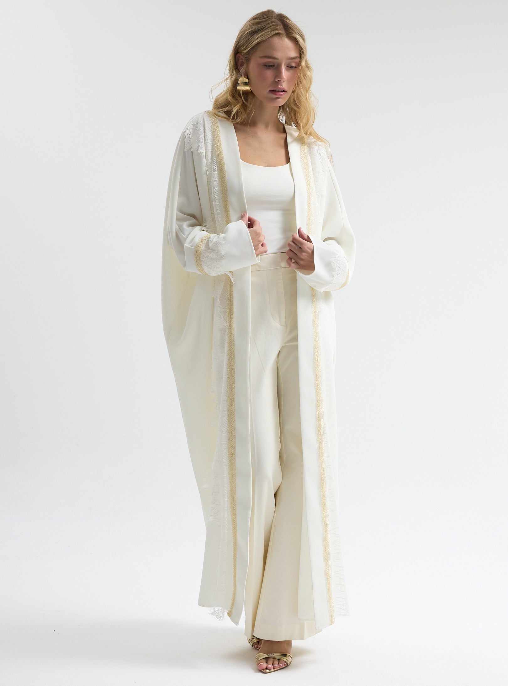 Off-White Lace Gold Detailed Abaya - Store WF