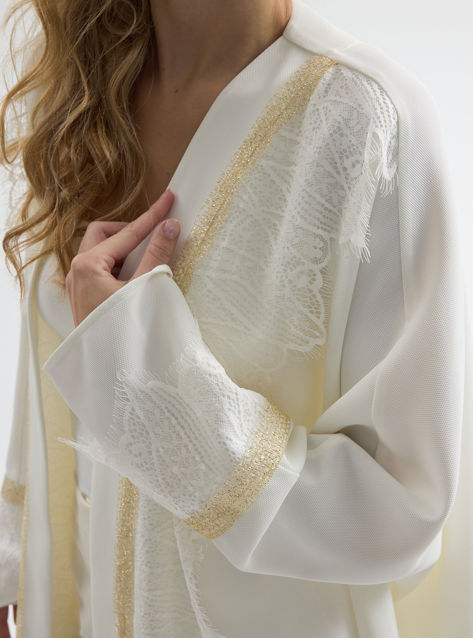 Off-White Lace Gold Detailed Abaya - Store WF
