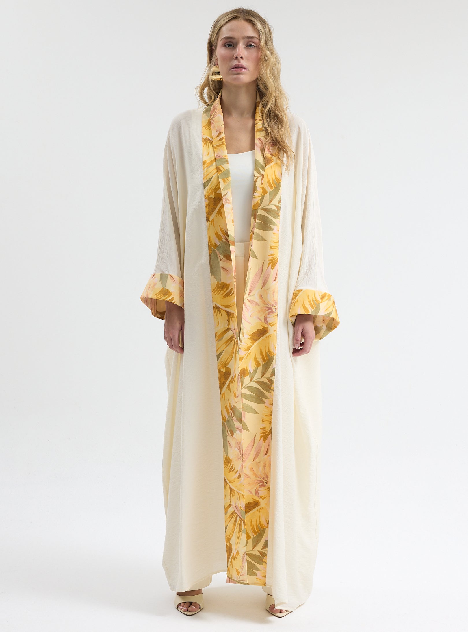 Yellow Print Off-White Abaya - Store WF