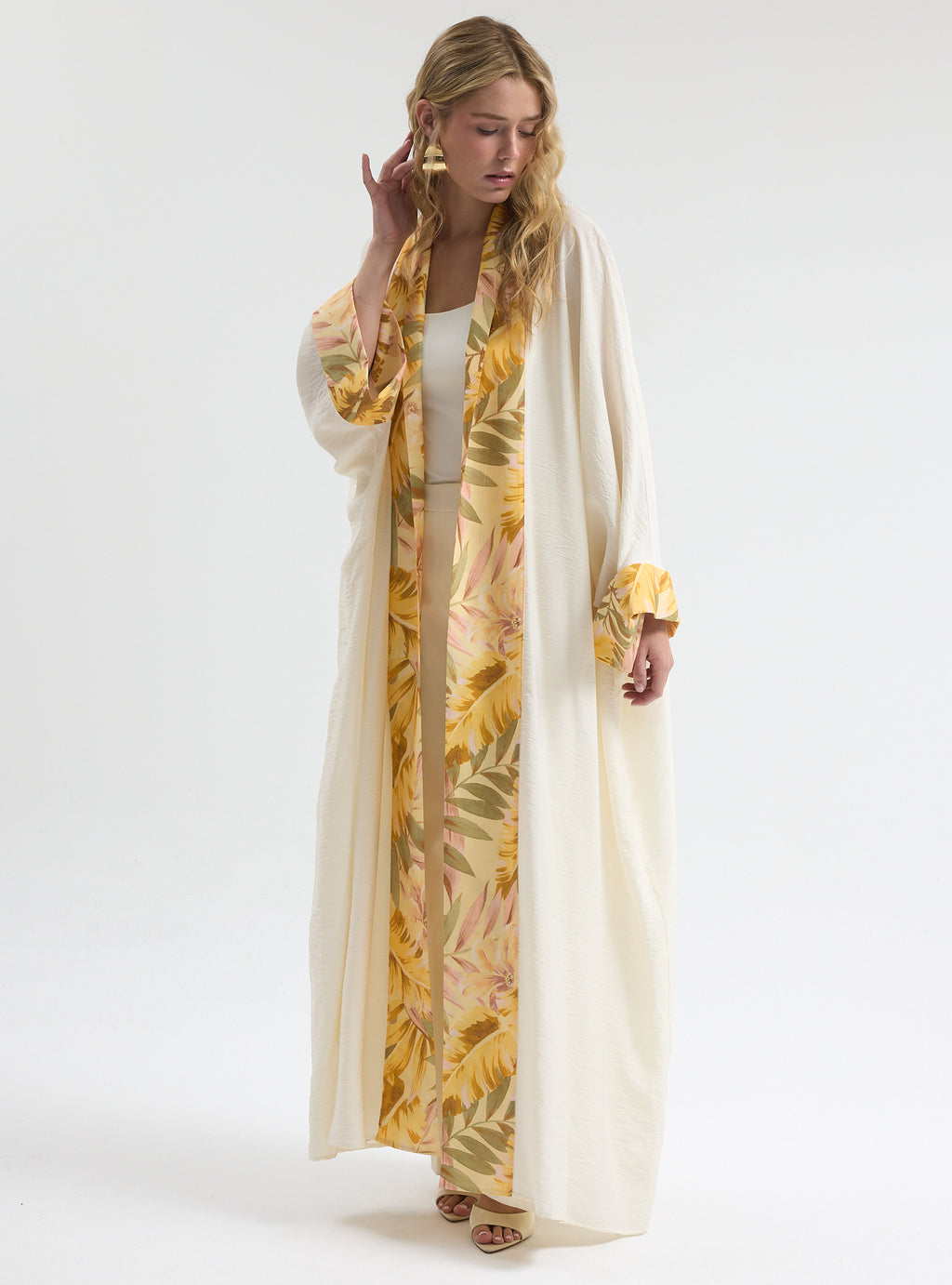 Yellow Print Off-White Abaya - Store WF