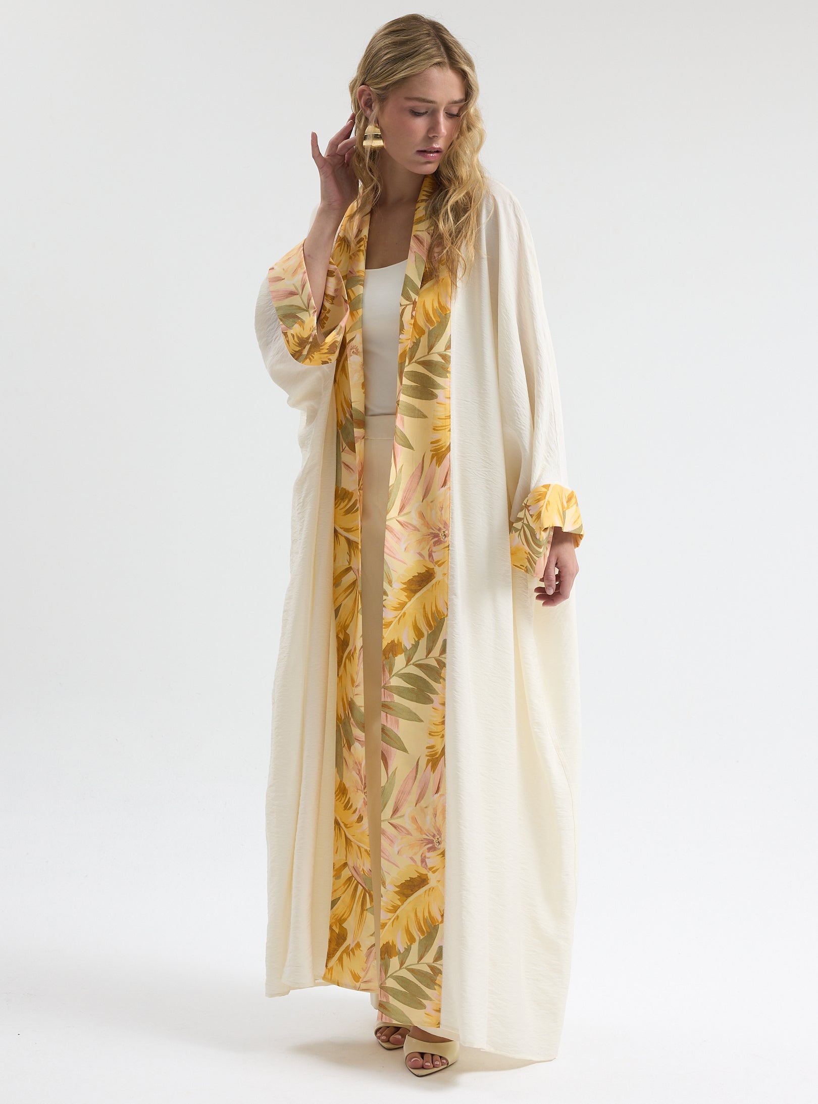 Yellow Print Off-White Abaya - Store WF