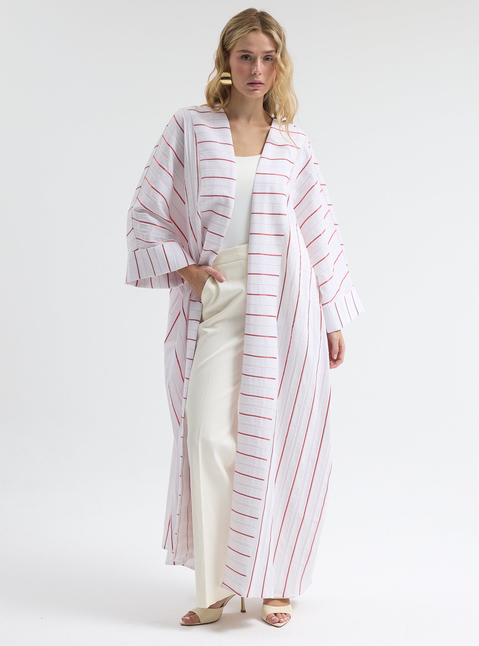 White Red Stripe Cotton Abaya - Store WF