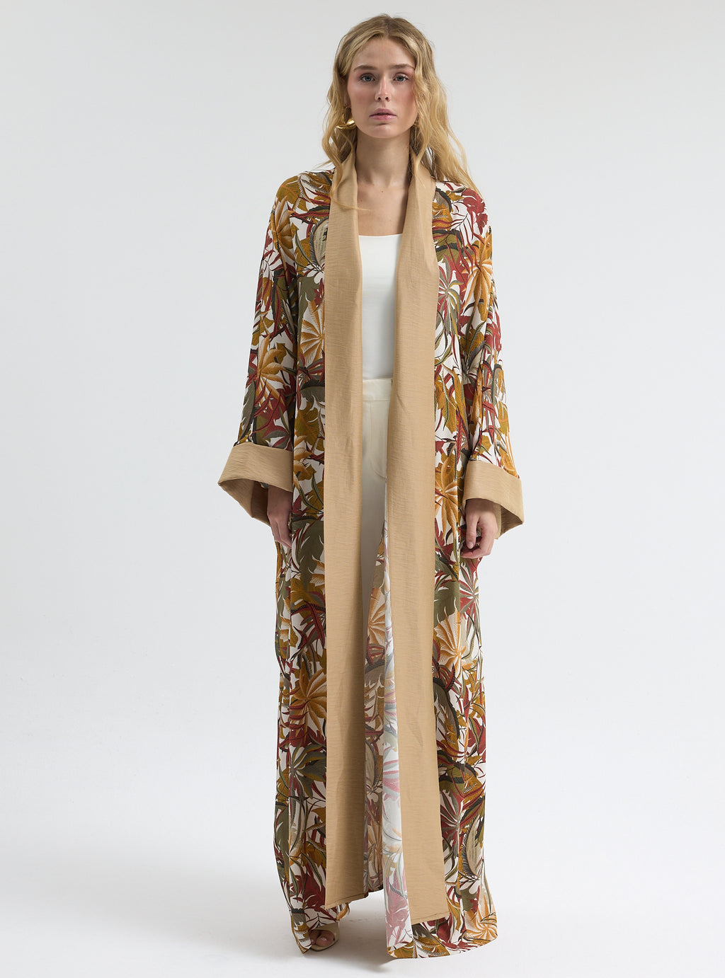 Printed Long Kimono with Beige Shawl Collar Abaya - Store WF