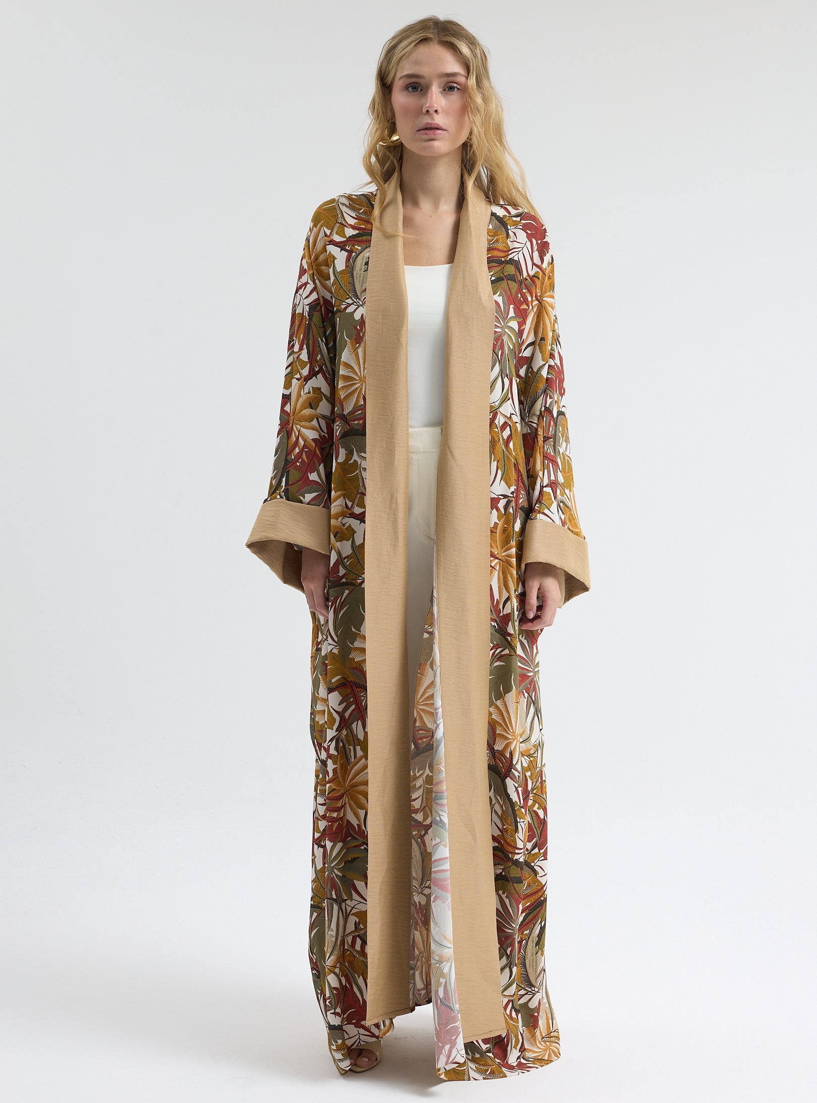 Printed Long Kimono with Beige Shawl Collar Abaya