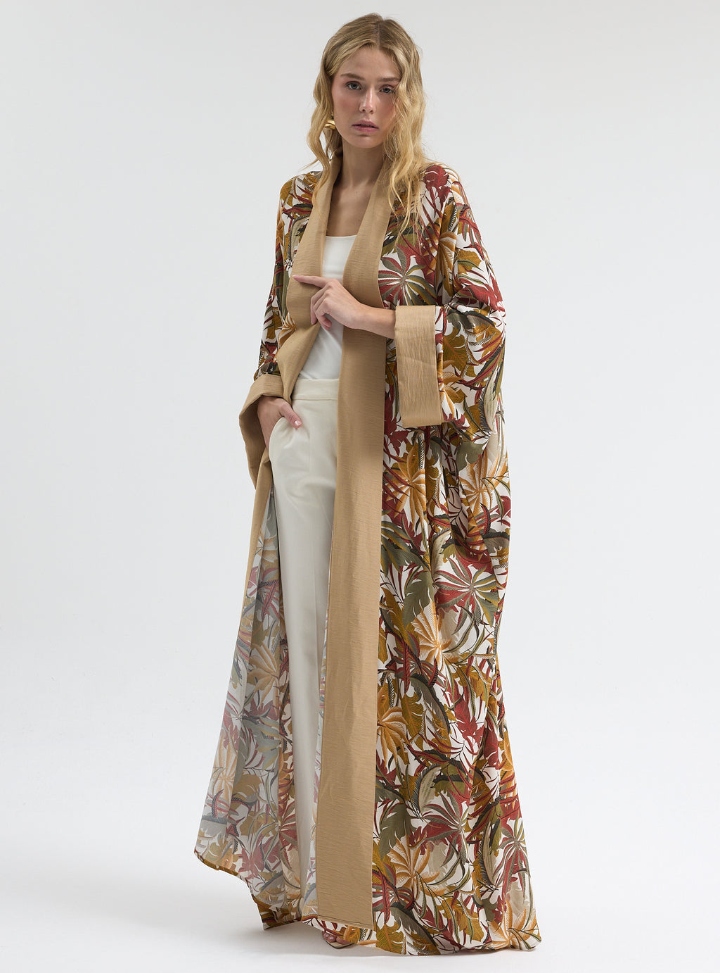 Printed Long Kimono with Beige Shawl Collar Abaya - Store WF