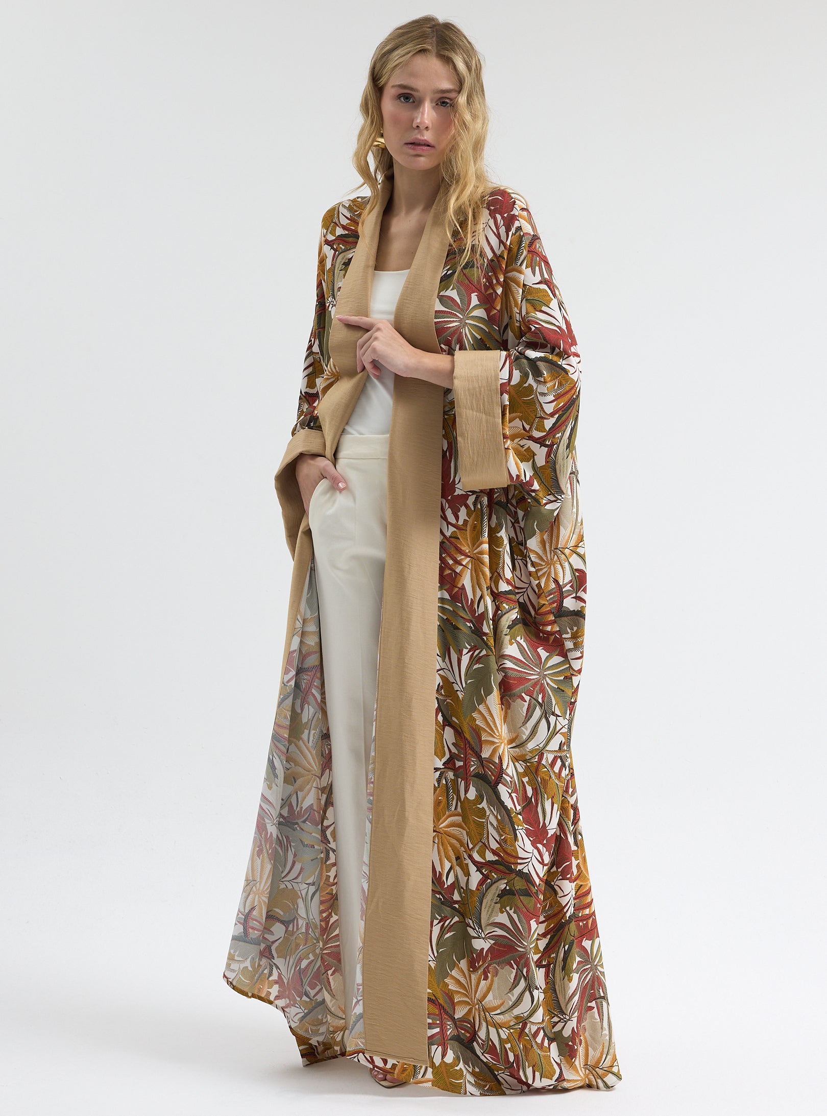 Printed Long Kimono with Beige Shawl Collar Abaya