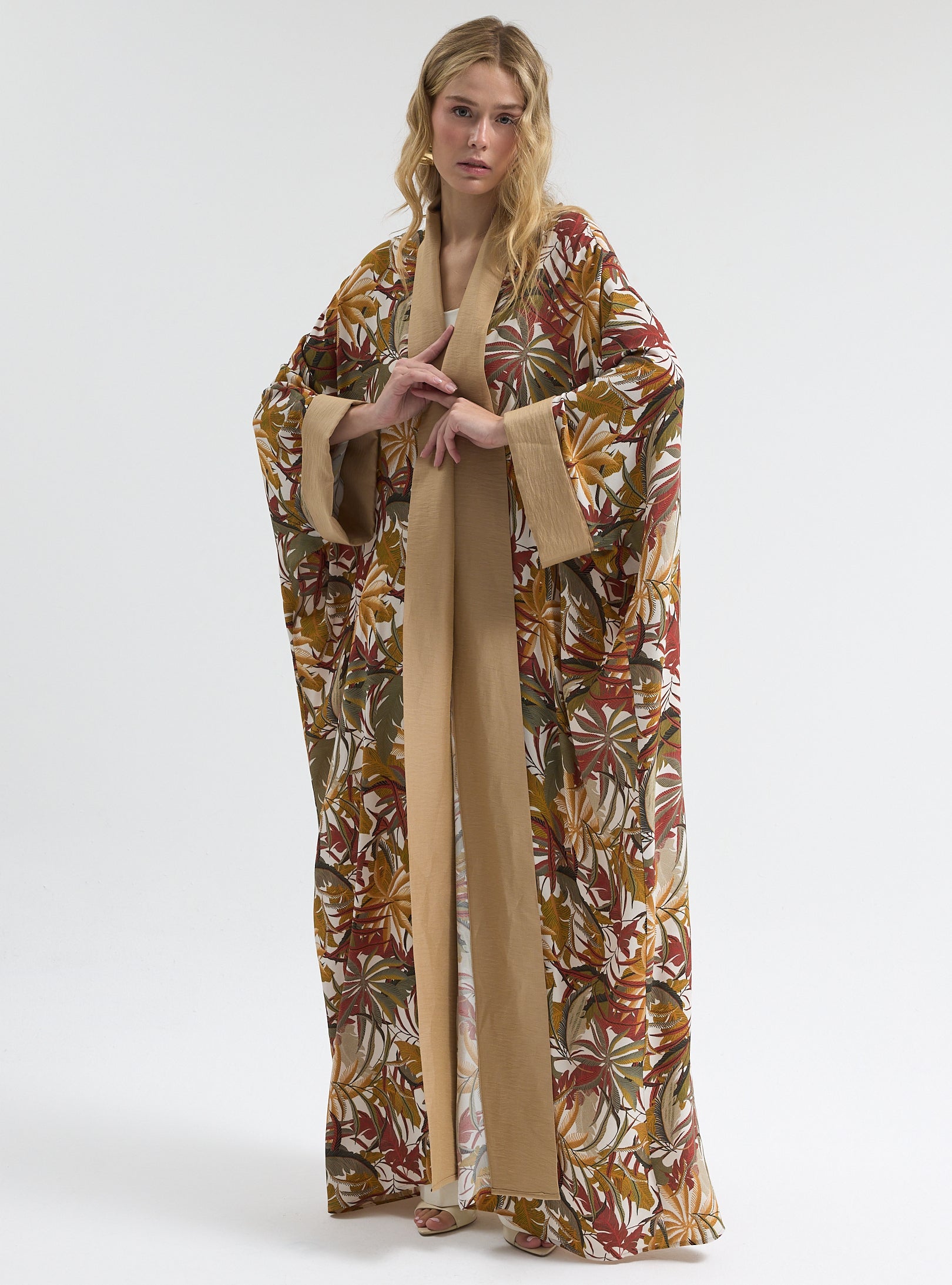 Printed Long Kimono with Beige Shawl Collar Abaya