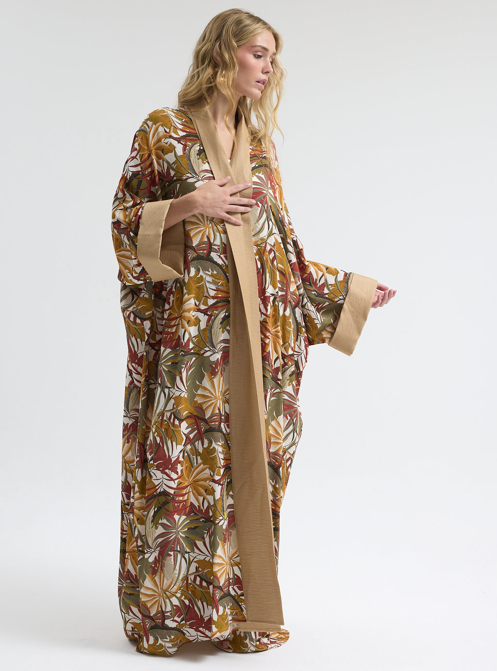Printed Long Kimono with Beige Shawl Collar Abaya - Store WF