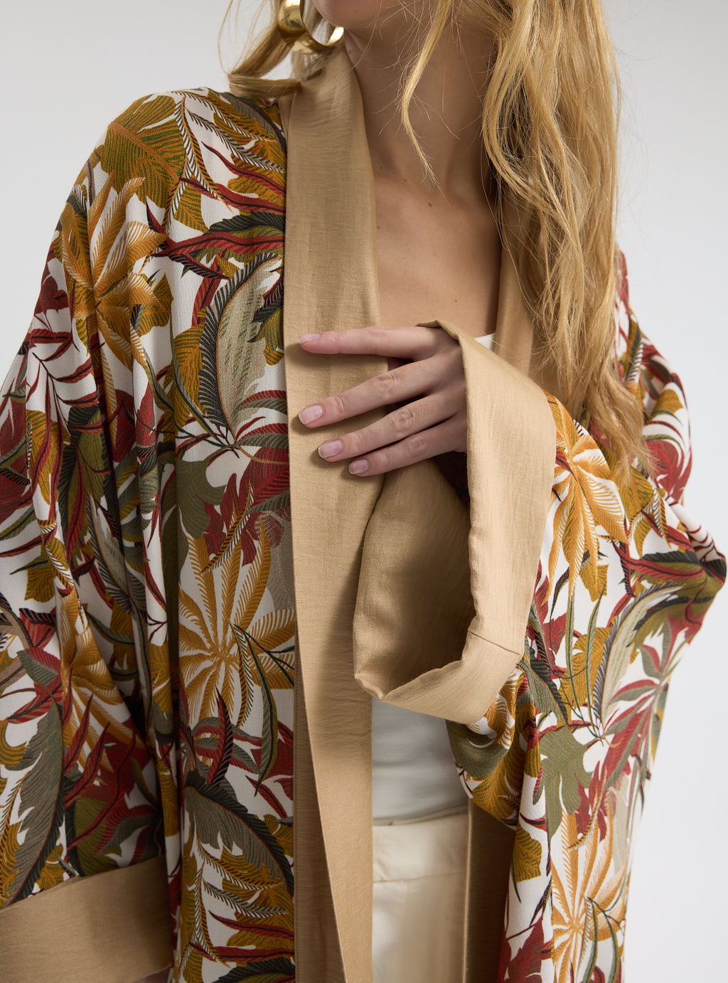 Printed Long Kimono with Beige Shawl Collar Abaya - Store WF