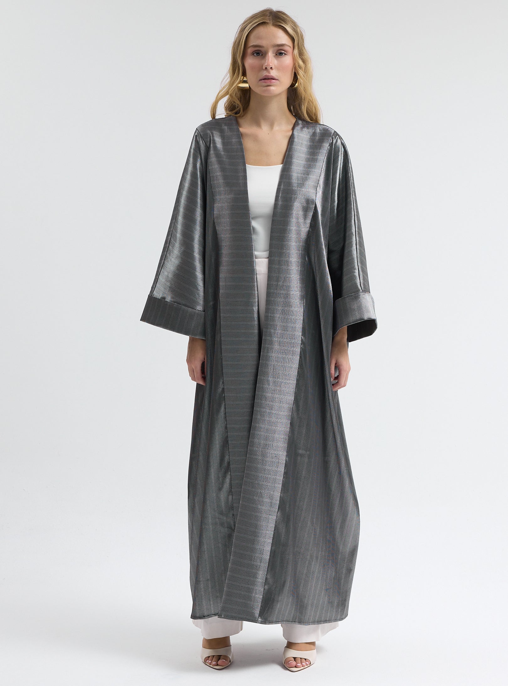 Silver Cotton Satin Stripe Abaya - Store WF