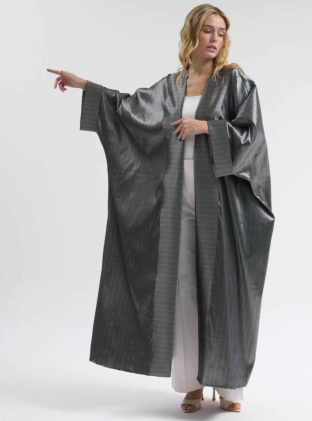 Silver Cotton Satin Stripe Abaya - Store WF