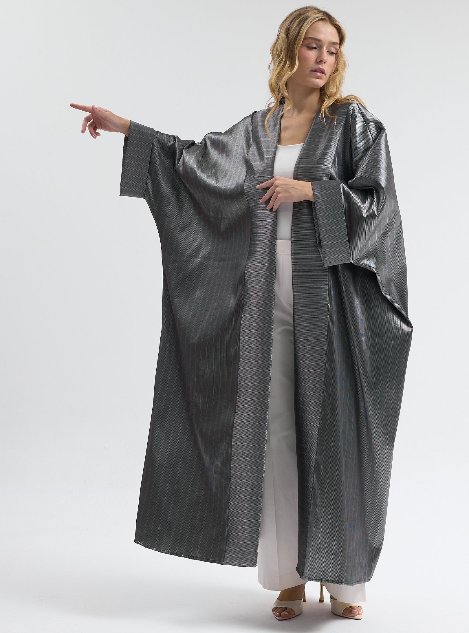 Silver Cotton Satin Stripe Abaya - Store WF