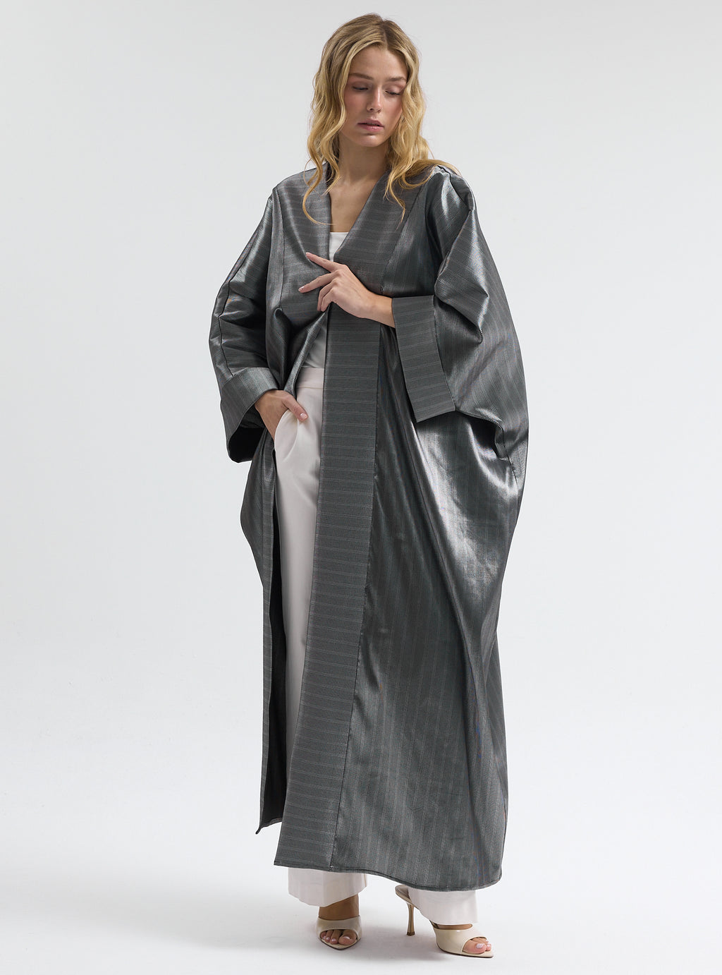 Silver Cotton Satin Stripe Abaya - Store WF