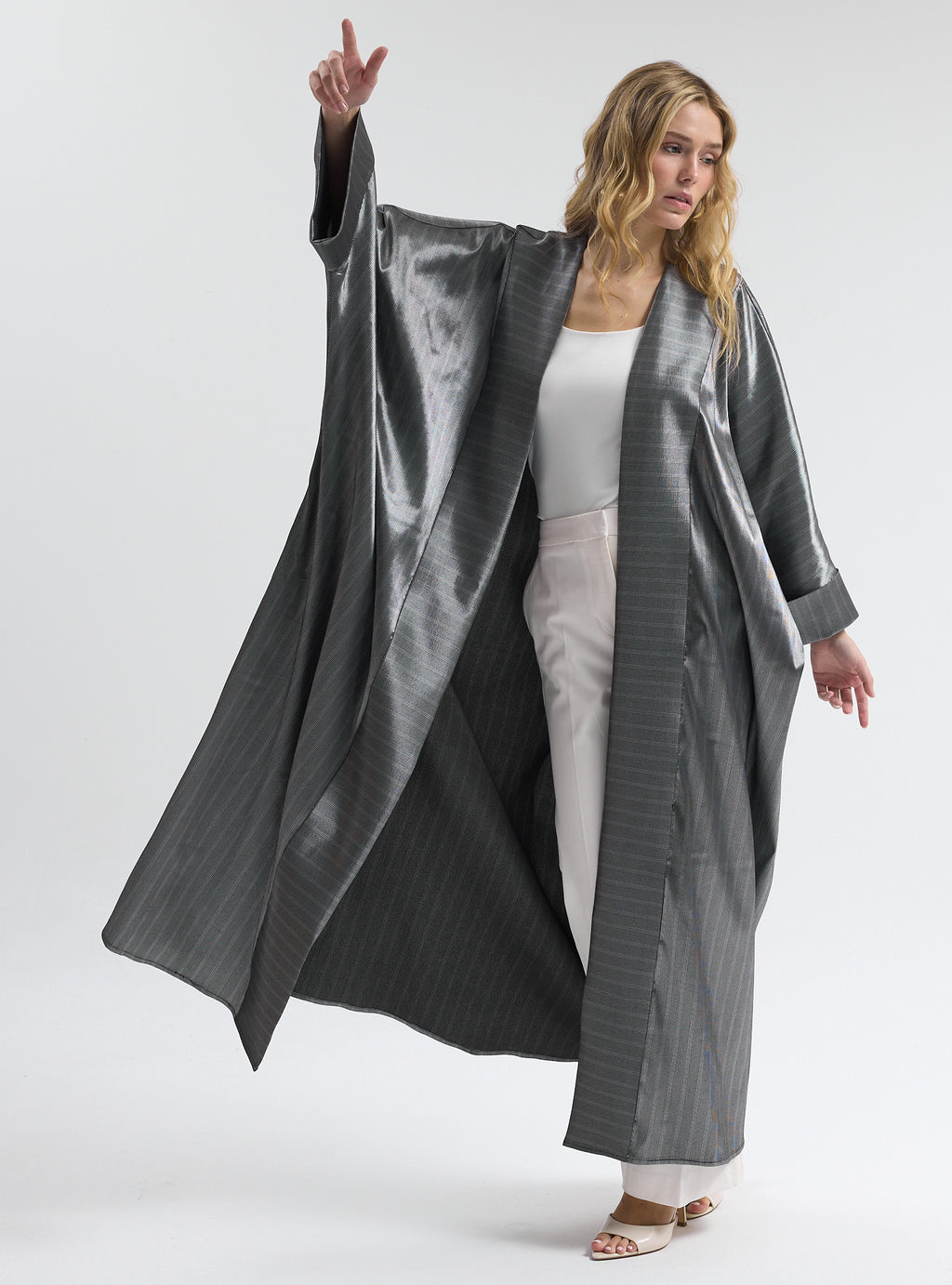 Silver Cotton Satin Stripe Abaya - Store WF