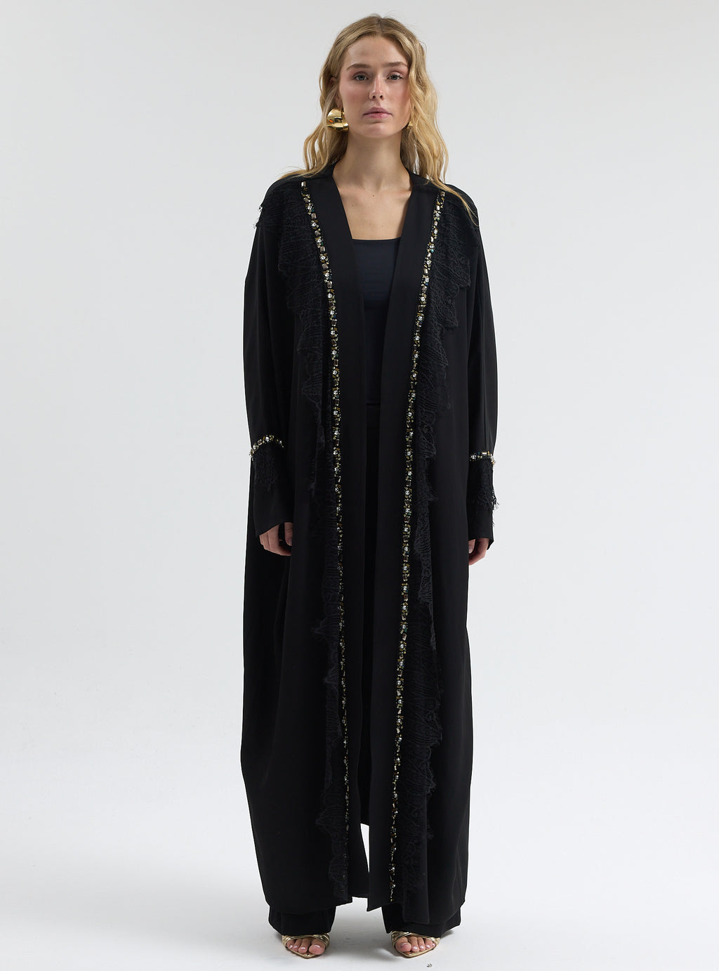 ⁠Midnight Crystal Embellished Trim Lace Detailed Abaya - Store WF